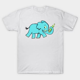 blue elephant on a walk carries a green pencil in its trunk T-Shirt